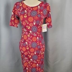NWT Lularoe Julia, maroon dress with multicolored floral design, size XS